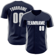 Загрузить изображение в средство просмотра галереи, Custom Navy White-Gray Classic Color Block Side Panel Stripe Authentic Baseball Jersey