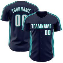 Загрузить изображение в средство просмотра галереи, Custom Navy White-Teal Classic Color Block Side Panel Stripe Authentic Baseball Jersey