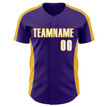 Загрузить изображение в средство просмотра галереи, Custom Purple White-Gold Classic Color Block Side Panel Stripe Authentic Baseball Jersey