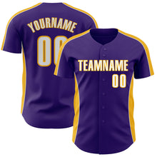 Загрузить изображение в средство просмотра галереи, Custom Purple White-Gold Classic Color Block Side Panel Stripe Authentic Baseball Jersey
