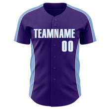 Laden Sie das Bild in den Galerie-Viewer, Custom Purple White-Light Blue Classic Color Block Side Panel Stripe Authentic Baseball Jersey