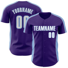 Laden Sie das Bild in den Galerie-Viewer, Custom Purple White-Light Blue Classic Color Block Side Panel Stripe Authentic Baseball Jersey