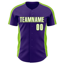 Загрузить изображение в средство просмотра галереи, Custom Purple White-Neon Green Classic Color Block Side Panel Stripe Authentic Baseball Jersey