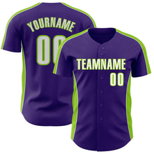 Загрузить изображение в средство просмотра галереи, Custom Purple White-Neon Green Classic Color Block Side Panel Stripe Authentic Baseball Jersey