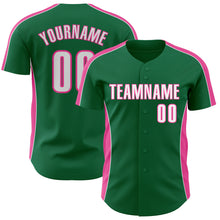 Laden Sie das Bild in den Galerie-Viewer, Custom Kelly Green White-Pink Classic Color Block Side Panel Stripe Authentic Baseball Jersey