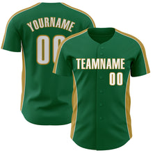 Загрузить изображение в средство просмотра галереи, Custom Kelly Green White-Old Gold Classic Color Block Side Panel Stripe Authentic Baseball Jersey