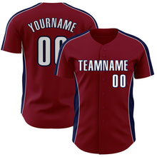 Load image into Gallery viewer, Custom Crimson White-Navy Classic Color Block Side Panel Stripe Authentic Baseball Jersey