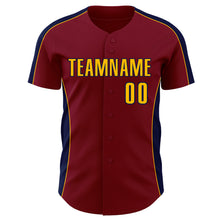 Load image into Gallery viewer, Custom Crimson Gold-Navy Classic Color Block Side Panel Stripe Authentic Baseball Jersey