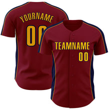 Load image into Gallery viewer, Custom Crimson Gold-Navy Classic Color Block Side Panel Stripe Authentic Baseball Jersey