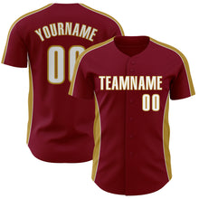 Load image into Gallery viewer, Custom Crimson White-Old Gold Classic Color Block Side Panel Stripe Authentic Baseball Jersey
