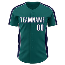 Загрузить изображение в средство просмотра галереи, Custom Teal White-Navy Classic Color Block Side Panel Stripe Authentic Baseball Jersey