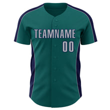 Laden Sie das Bild in den Galerie-Viewer, Custom Teal Gray-Navy Classic Color Block Side Panel Stripe Authentic Baseball Jersey