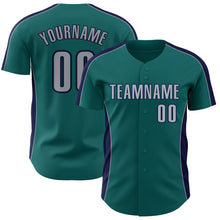 Laden Sie das Bild in den Galerie-Viewer, Custom Teal Gray-Navy Classic Color Block Side Panel Stripe Authentic Baseball Jersey