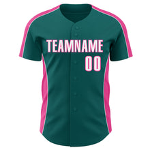 Laden Sie das Bild in den Galerie-Viewer, Custom Teal White-Pink Classic Color Block Side Panel Stripe Authentic Baseball Jersey