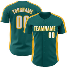 Загрузить изображение в средство просмотра галереи, Custom Teal White-Gold Classic Color Block Side Panel Stripe Authentic Baseball Jersey
