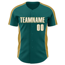 Загрузить изображение в средство просмотра галереи, Custom Teal White-Old Gold Classic Color Block Side Panel Stripe Authentic Baseball Jersey