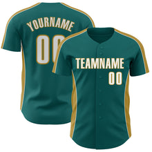 Загрузить изображение в средство просмотра галереи, Custom Teal White-Old Gold Classic Color Block Side Panel Stripe Authentic Baseball Jersey