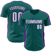 Загрузить изображение в средство просмотра галереи, Custom Teal White-Purple Classic Color Block Side Panel Stripe Authentic Baseball Jersey