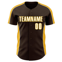 Загрузить изображение в средство просмотра галереи, Custom Brown White-Gold Classic Color Block Side Panel Stripe Authentic Baseball Jersey