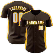 Загрузить изображение в средство просмотра галереи, Custom Brown White-Gold Classic Color Block Side Panel Stripe Authentic Baseball Jersey