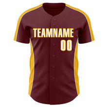 Load image into Gallery viewer, Custom Burgundy White-Gold Classic Color Block Side Panel Stripe Authentic Baseball Jersey