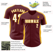 Load image into Gallery viewer, Custom Burgundy White-Gold Classic Color Block Side Panel Stripe Authentic Baseball Jersey