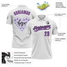 Load image into Gallery viewer, Custom White Medium Purple-Black 3D World Cancer Day Heart Ribbon Hope Performance Polo Shirt