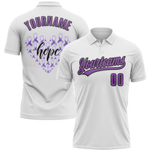 Загрузить изображение в средство просмотра галереи, Custom White Medium Purple-Black 3D World Cancer Day Heart Ribbon Hope Performance Polo Shirt