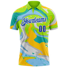Laden Sie das Bild in den Galerie-Viewer, Custom Neon Green Thunder Blue Yellow-Aqua 3D Bowling Splash Ink Performance Polo Shirt