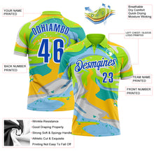 Laden Sie das Bild in den Galerie-Viewer, Custom Neon Green Thunder Blue Yellow-Aqua 3D Bowling Splash Ink Performance Polo Shirt