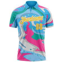 Laden Sie das Bild in den Galerie-Viewer, Custom Sky Blue Yellow Pink-Aqua 3D Bowling Splash Ink Performance Polo Shirt