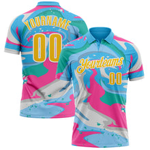 Laden Sie das Bild in den Galerie-Viewer, Custom Sky Blue Yellow Pink-Aqua 3D Bowling Splash Ink Performance Polo Shirt