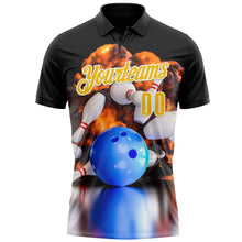 Laden Sie das Bild in den Galerie-Viewer, Custom Black Yellow-White 3D Bowling Burning Flame Performance Polo Shirt