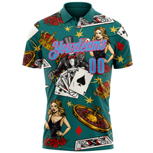 Загрузить изображение в средство просмотра галереи, Custom Teal Sky Blue-Pink 3D Gambling Poker Performance Polo Shirt