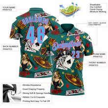 Загрузить изображение в средство просмотра галереи, Custom Teal Sky Blue-Pink 3D Gambling Poker Performance Polo Shirt