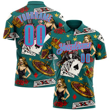 Загрузить изображение в средство просмотра галереи, Custom Teal Sky Blue-Pink 3D Gambling Poker Performance Polo Shirt