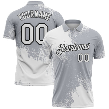 Custom White Gray-Black 3D Pattern Design Abstract Brush Stroke Performance Polo Shirt