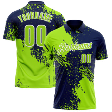 Custom Neon Green Navy-White 3D Pattern Design Abstract Brush Stroke Performance Polo Shirt