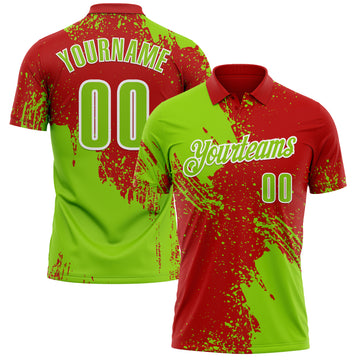 Custom Neon Green Red-White 3D Pattern Design Abstract Brush Stroke Performance Polo Shirt