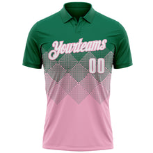Load image into Gallery viewer, Custom Kelly Green White-Light Pink 3D Gradient Square Shape Performance Polo Shirt