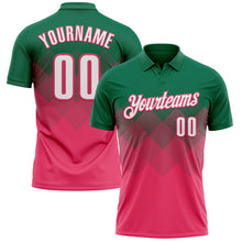 Load image into Gallery viewer, Custom Kelly Green White-Neon Pink 3D Gradient Square Shape Performance Polo Shirt