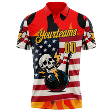 Load image into Gallery viewer, Custom Red Gold-Black 3D American Flag Skull Bowling Performance Polo Shirt