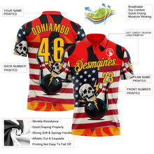 Load image into Gallery viewer, Custom Red Gold-Black 3D American Flag Skull Bowling Performance Polo Shirt