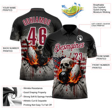 Charger l'image dans la galerie, Custom Black Crimson-White 3D American Flag Splash Flame Skull Bowling Performance Polo Shirt