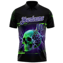 Charger l'image dans la galerie, Custom Black Dark Purple-White 3D Lightning Leopard Print Skull Bowling Performance Polo Shirt