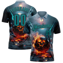 Загрузить изображение в средство просмотра галереи, Custom Blue Teal-Black 3D Flame Skull Bowling Performance Polo Shirt