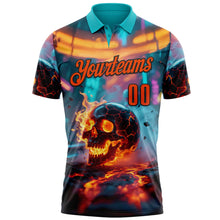 Load image into Gallery viewer, Custom Aqua Orange-Black 3D Flame Skull Bowling Performance Polo Shirt