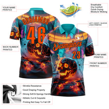 Load image into Gallery viewer, Custom Aqua Orange-Black 3D Flame Skull Bowling Performance Polo Shirt