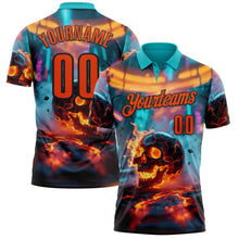 Load image into Gallery viewer, Custom Aqua Orange-Black 3D Flame Skull Bowling Performance Polo Shirt