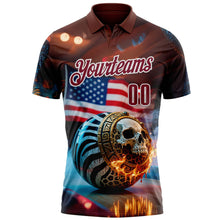 Загрузить изображение в средство просмотра галереи, Custom Brown Crimson-White 3D American Flag Flame Skull Bowling Performance Polo Shirt